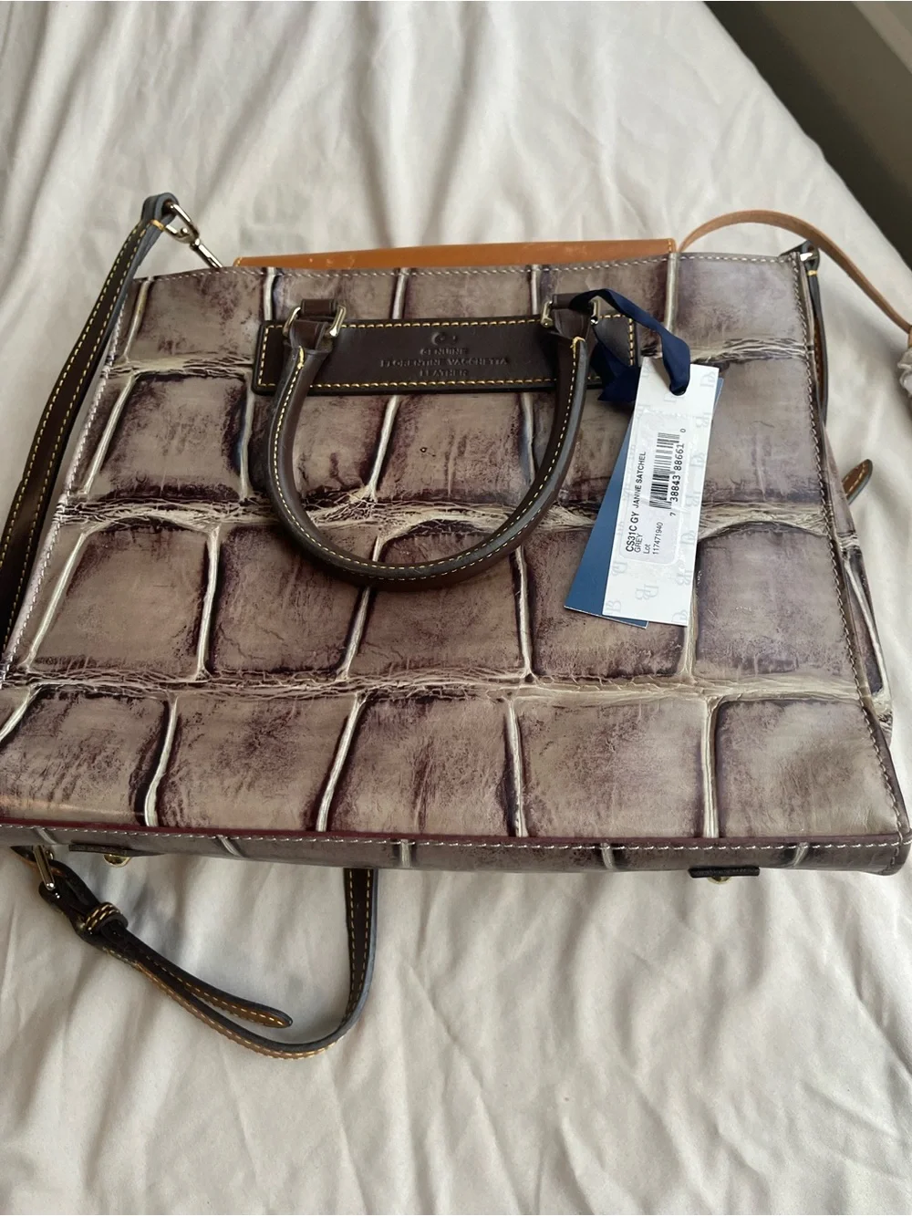 Dooney & Bourke Croc-Embossed Satchel in Taupe and Dark Brown